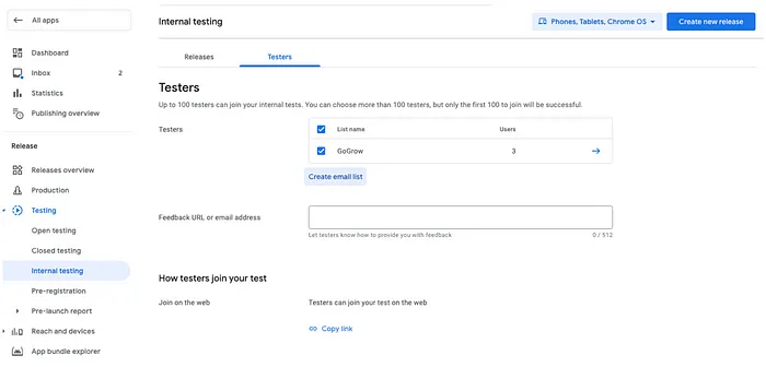 Play Store Console: Internal testing