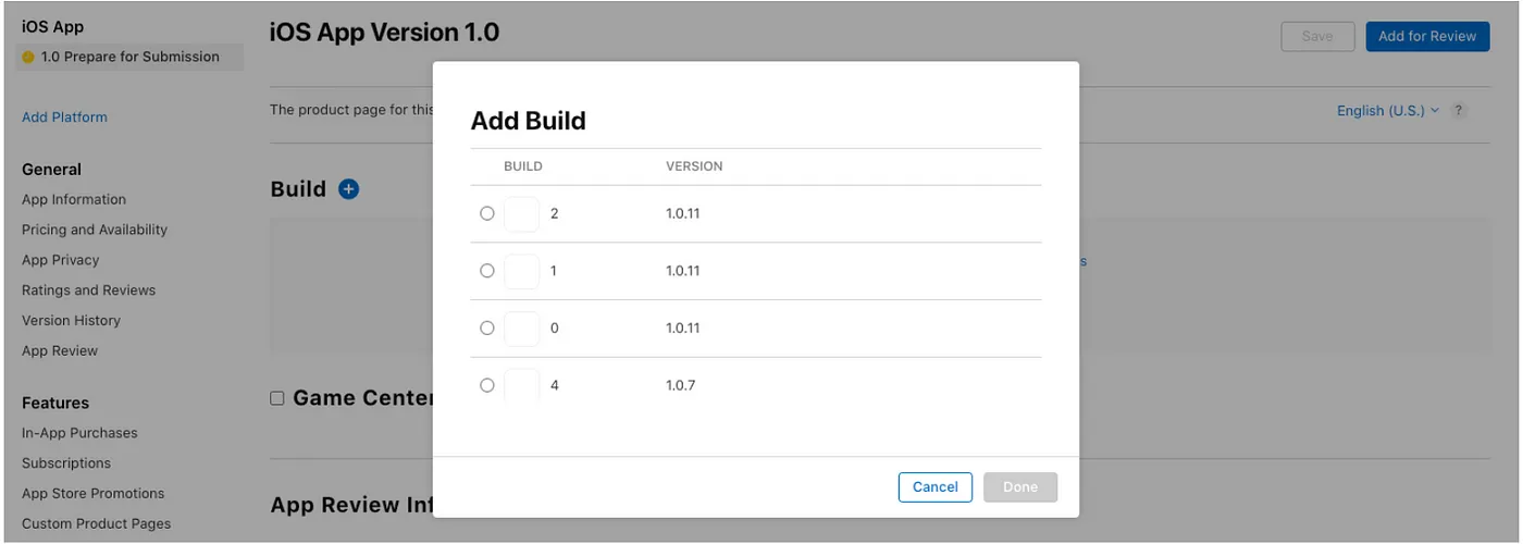 iOS Builds: Apps Store Connect