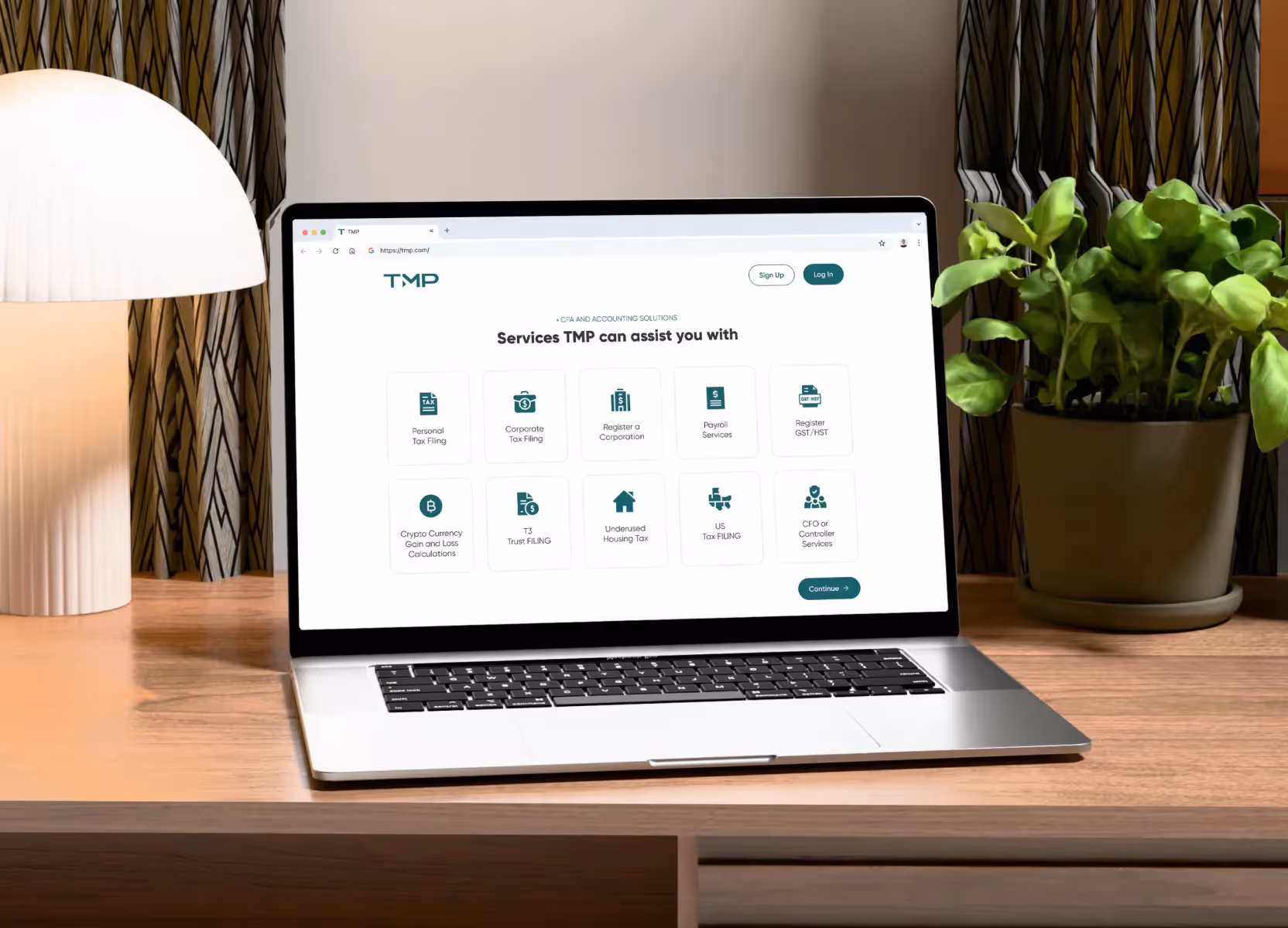 TMP website services page showing icons for tax filing, payroll, and corporate registration.
