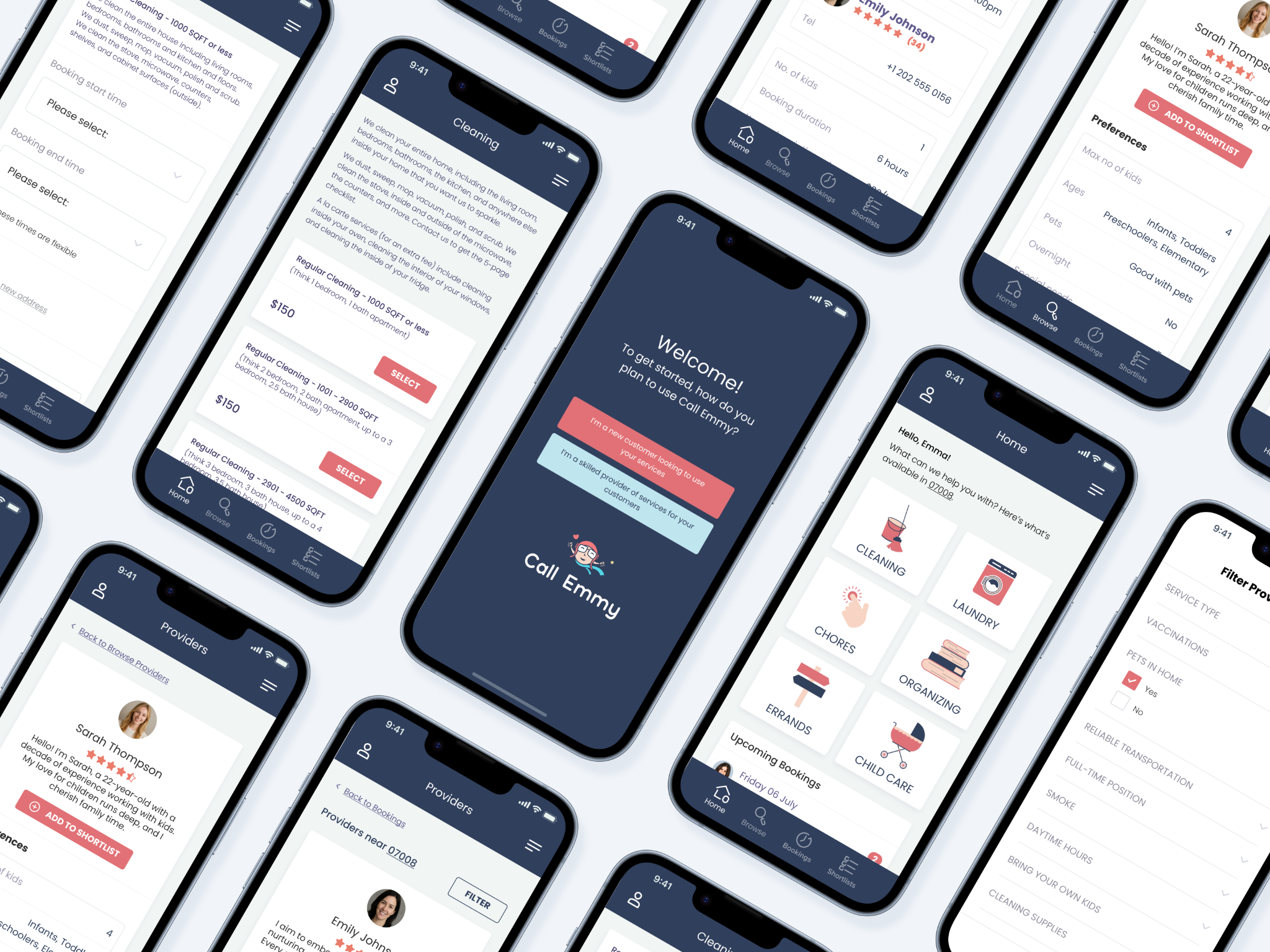 Call Emmy app screens showing booking, provider profiles, and household service options.