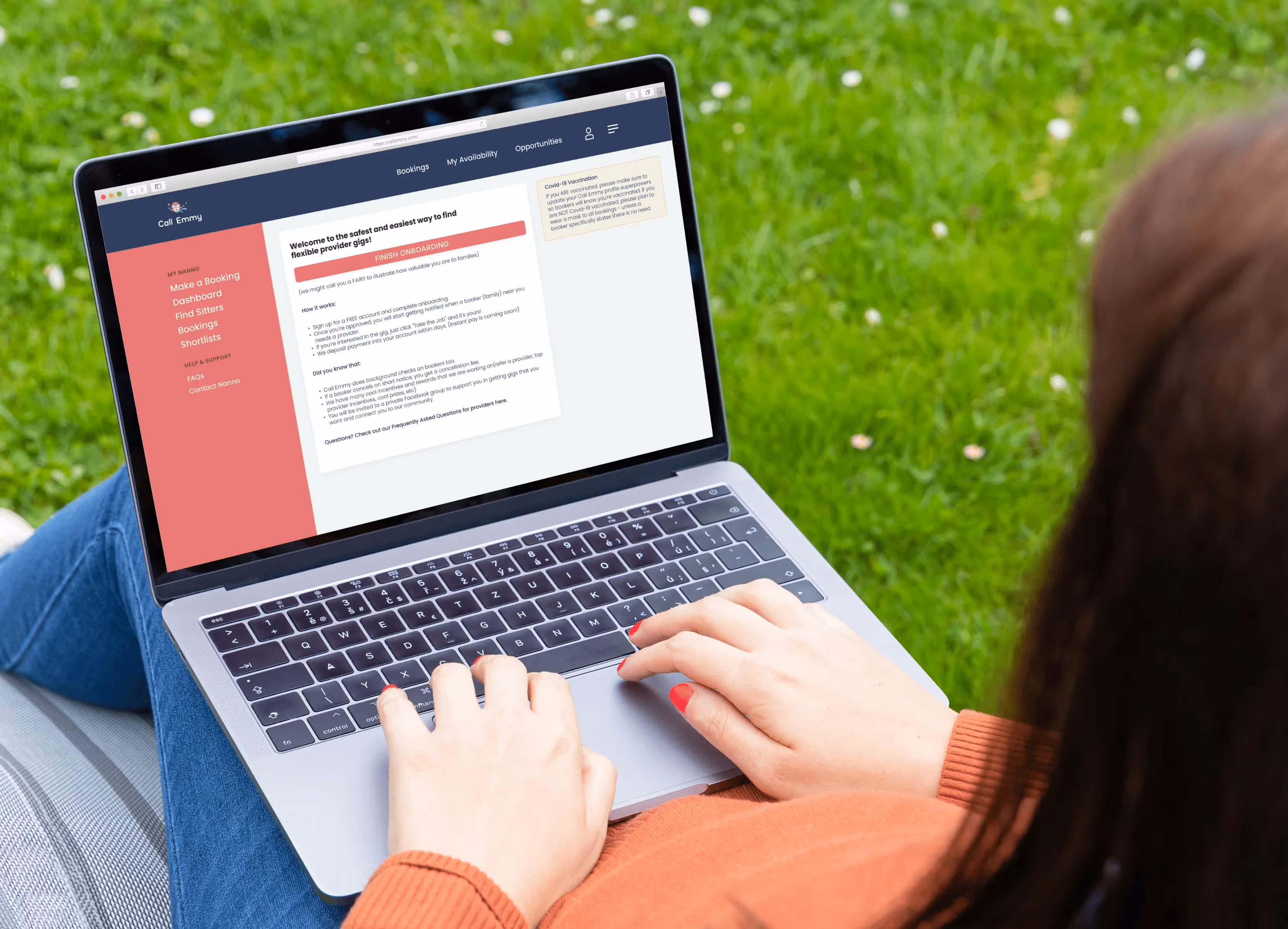 Call Emmy platform interface displayed on a laptop outdoors, with onboarding instructions for providers.