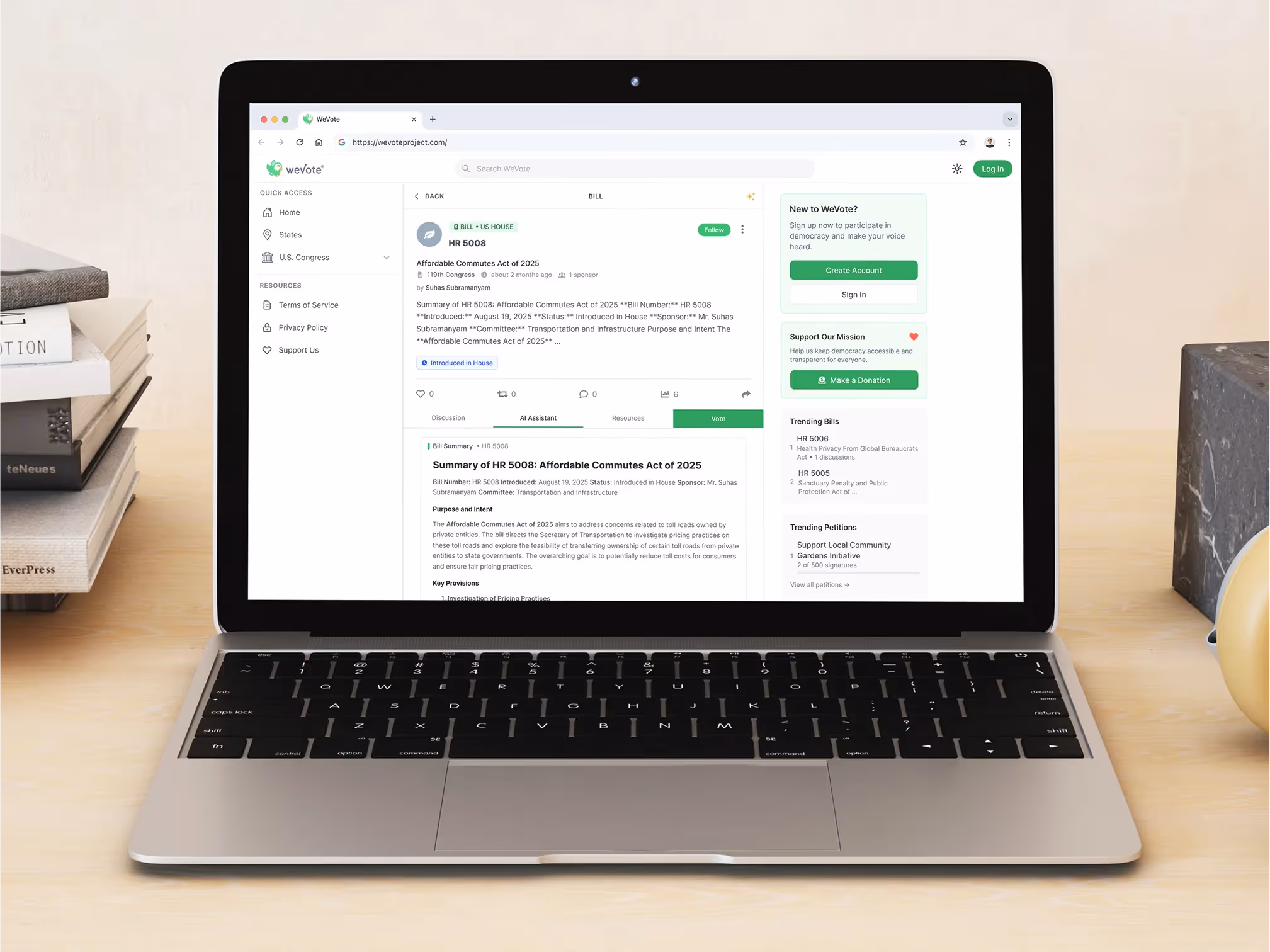 Laptop displaying the WeVote bill summary page for the Affordable Commutes Act of 2025. The interface shows the bill title, summary, discussion tabs, and AI-generated description in the main content area, with a sidebar for account options, trending bills, and donation links.