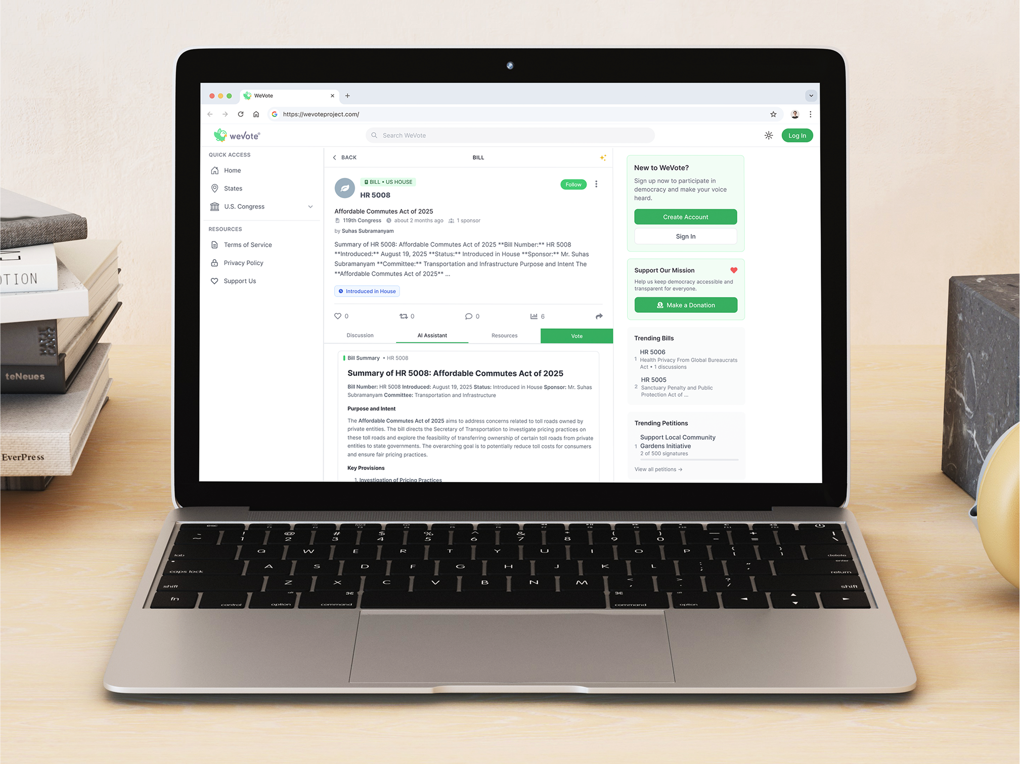 Laptop displaying the WeVote bill summary page for the Affordable Commutes Act of 2025. The interface shows the bill title, summary, discussion tabs, and AI-generated description in the main content area, with a sidebar for account options, trending bills, and donation links.