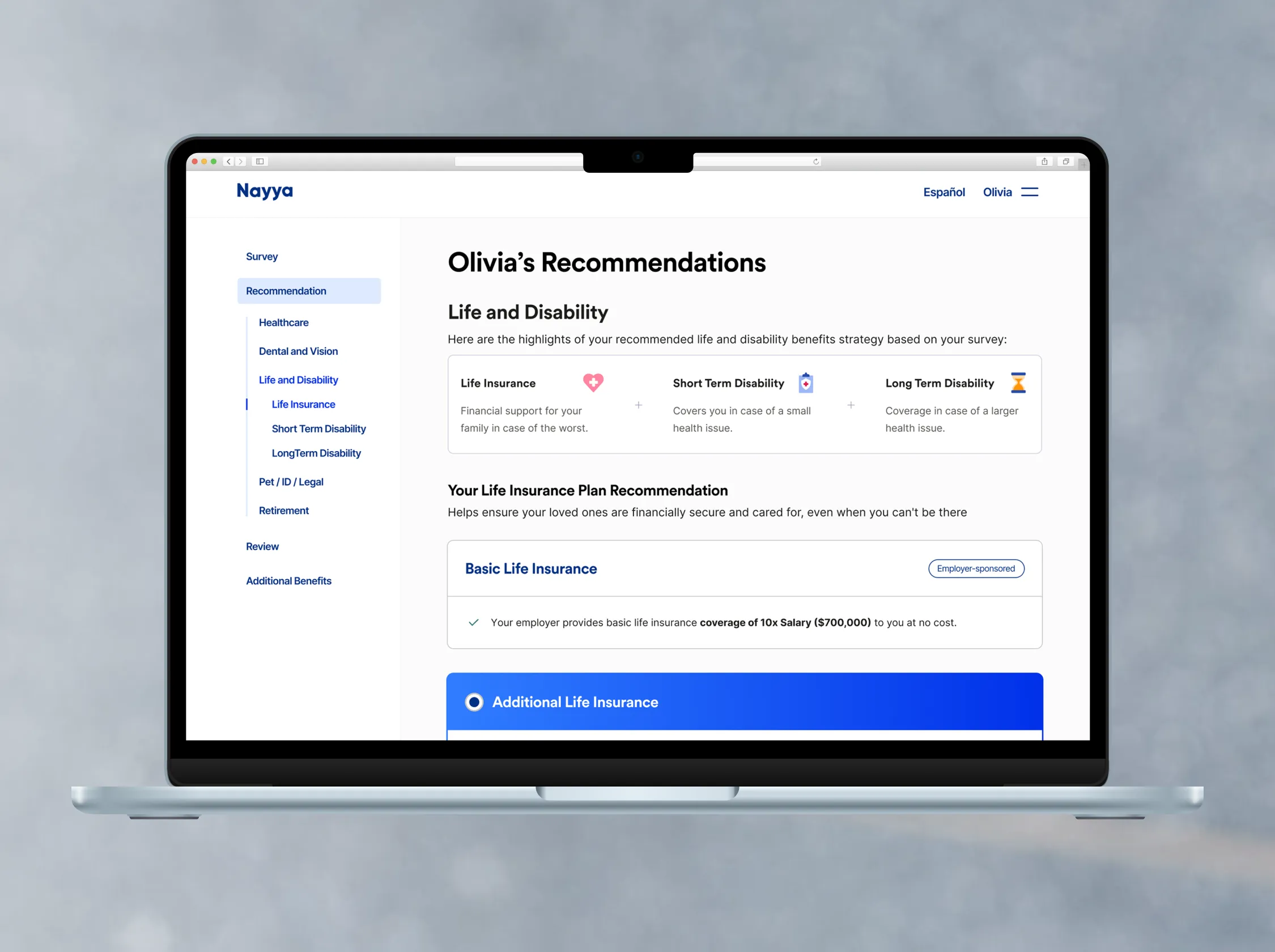Recommendations page on the Nayya website, showcasing suggested content and resources for users.