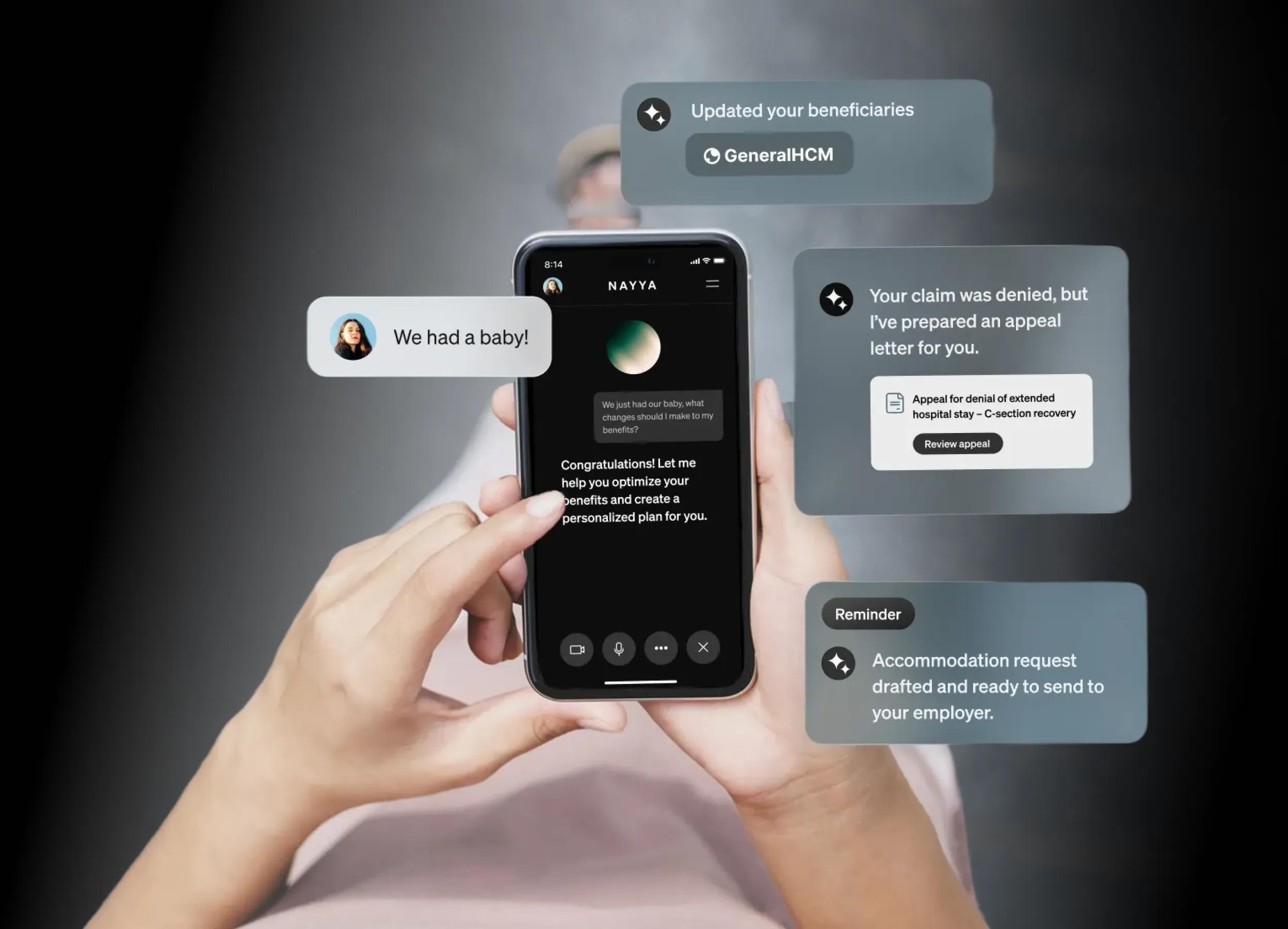 A smartphone in a person’s hand showing the Nayya app, with a variety of app icons displayed on the screen.