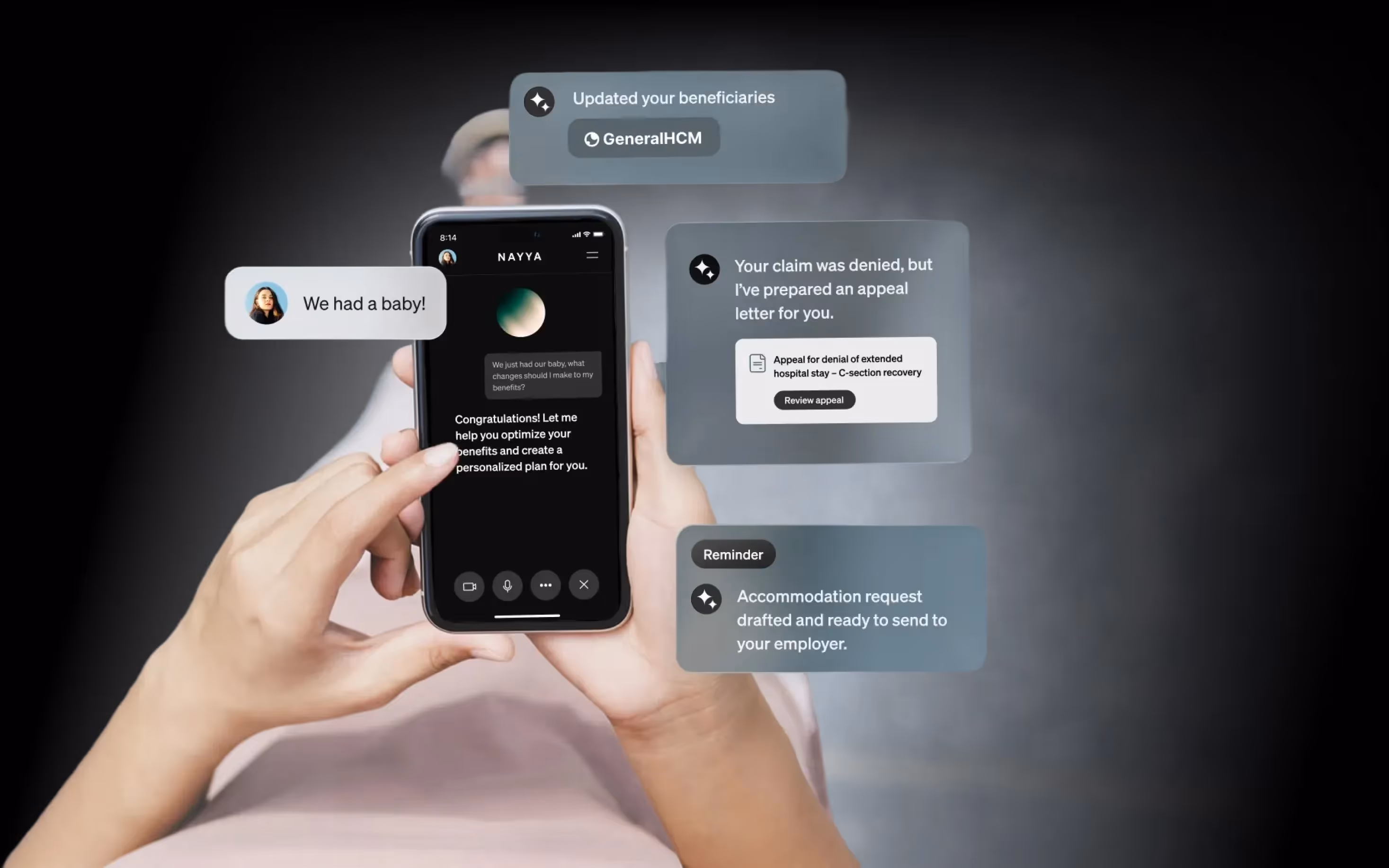 A smartphone in a person’s hand showing the Nayya app, with a variety of app icons displayed on the screen.