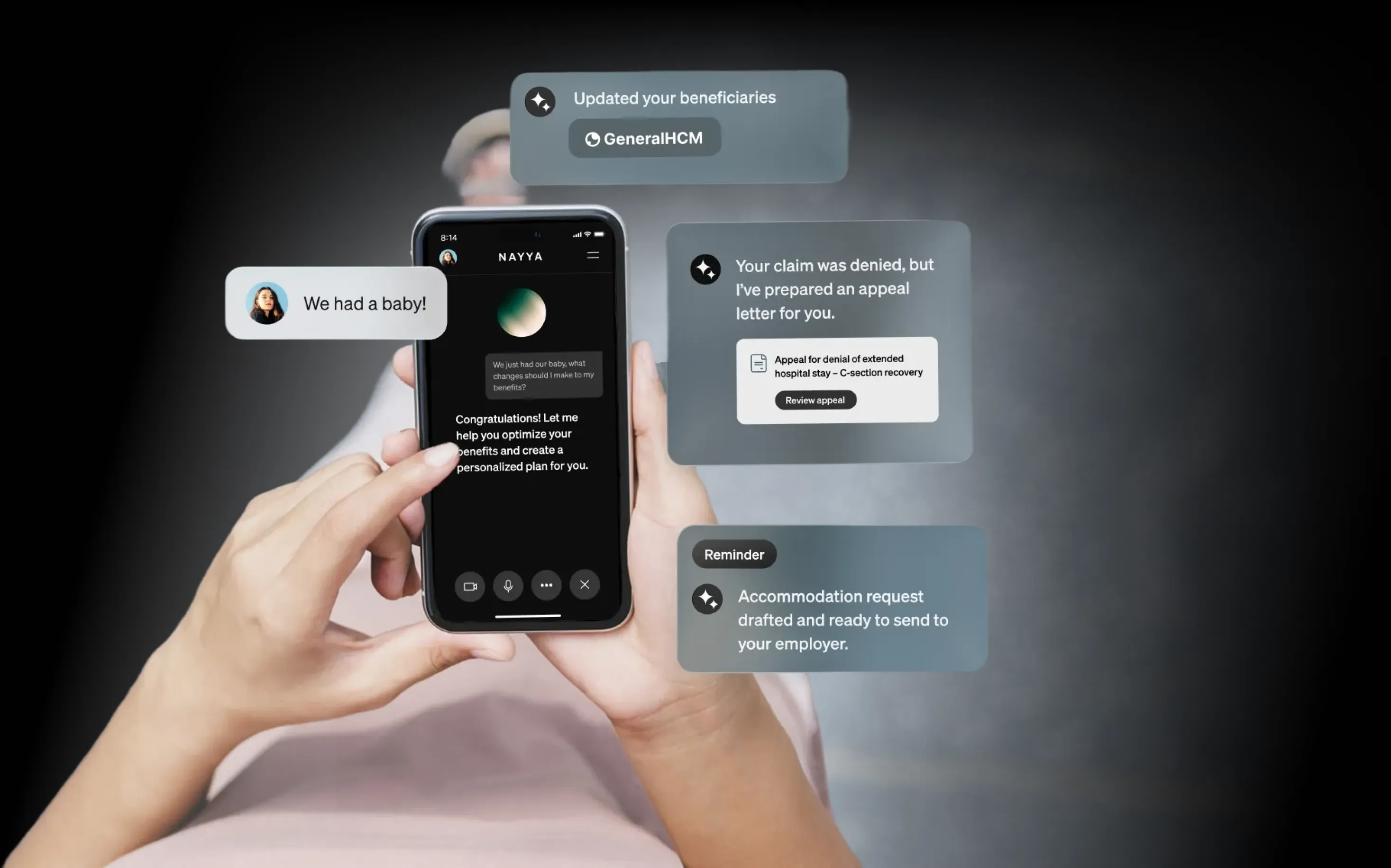 A smartphone in a person’s hand showing the Nayya app, with a variety of app icons displayed on the screen.