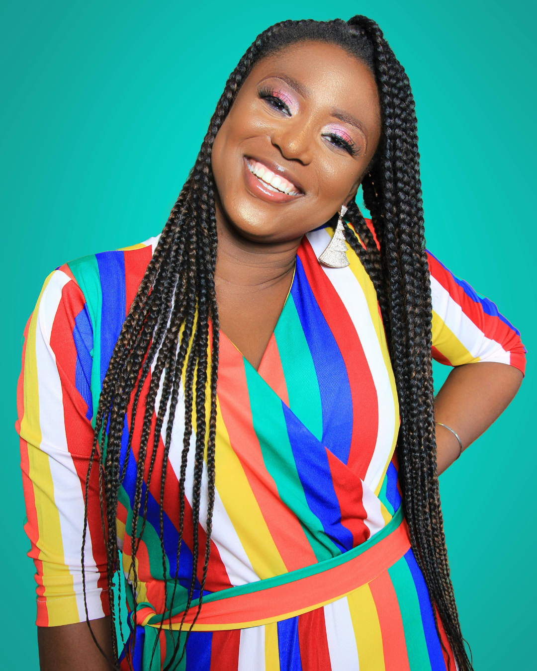 Smiling woman in colorful clothes