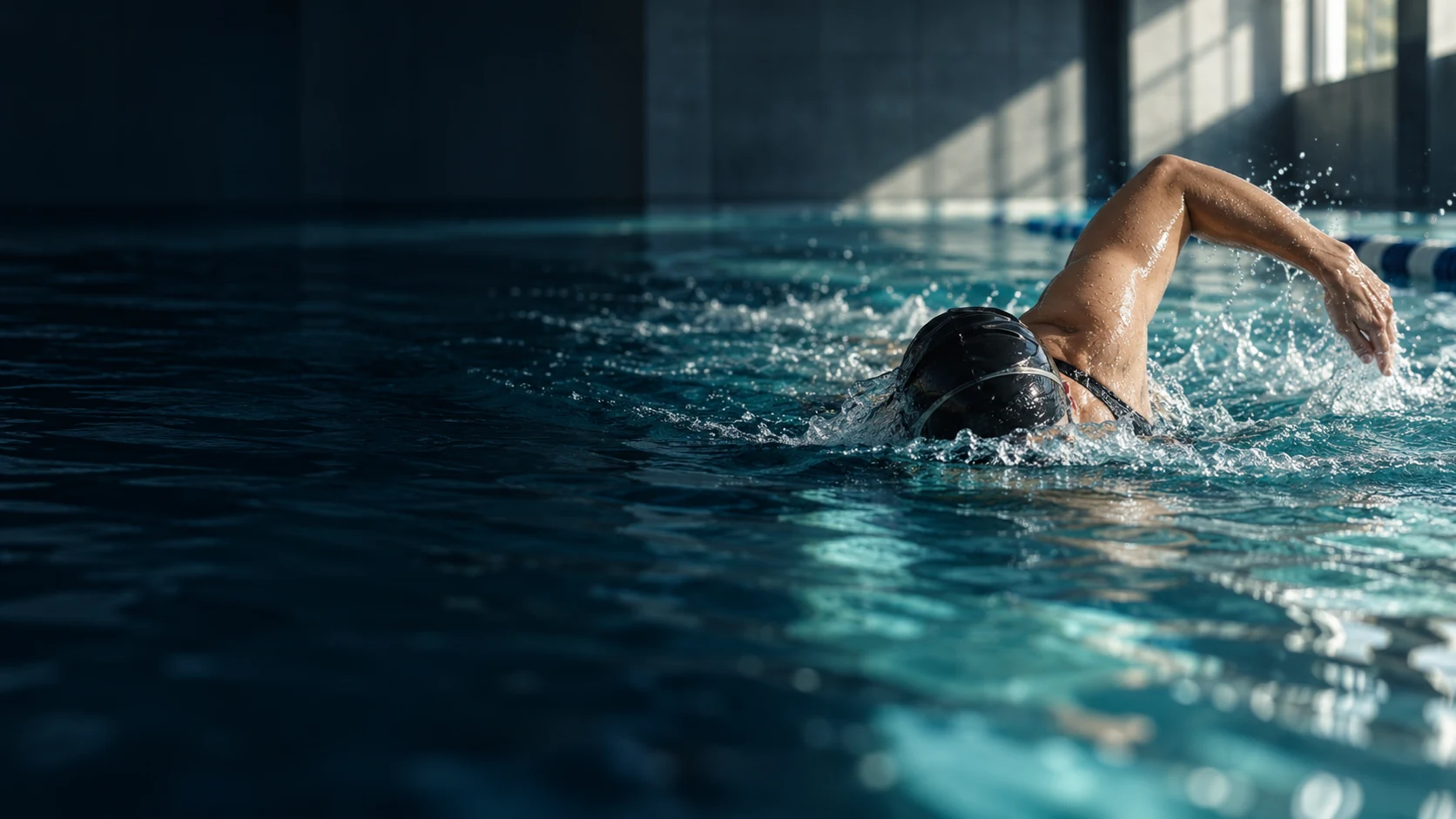A swimmer moving through dark blue water in a lap pool.
