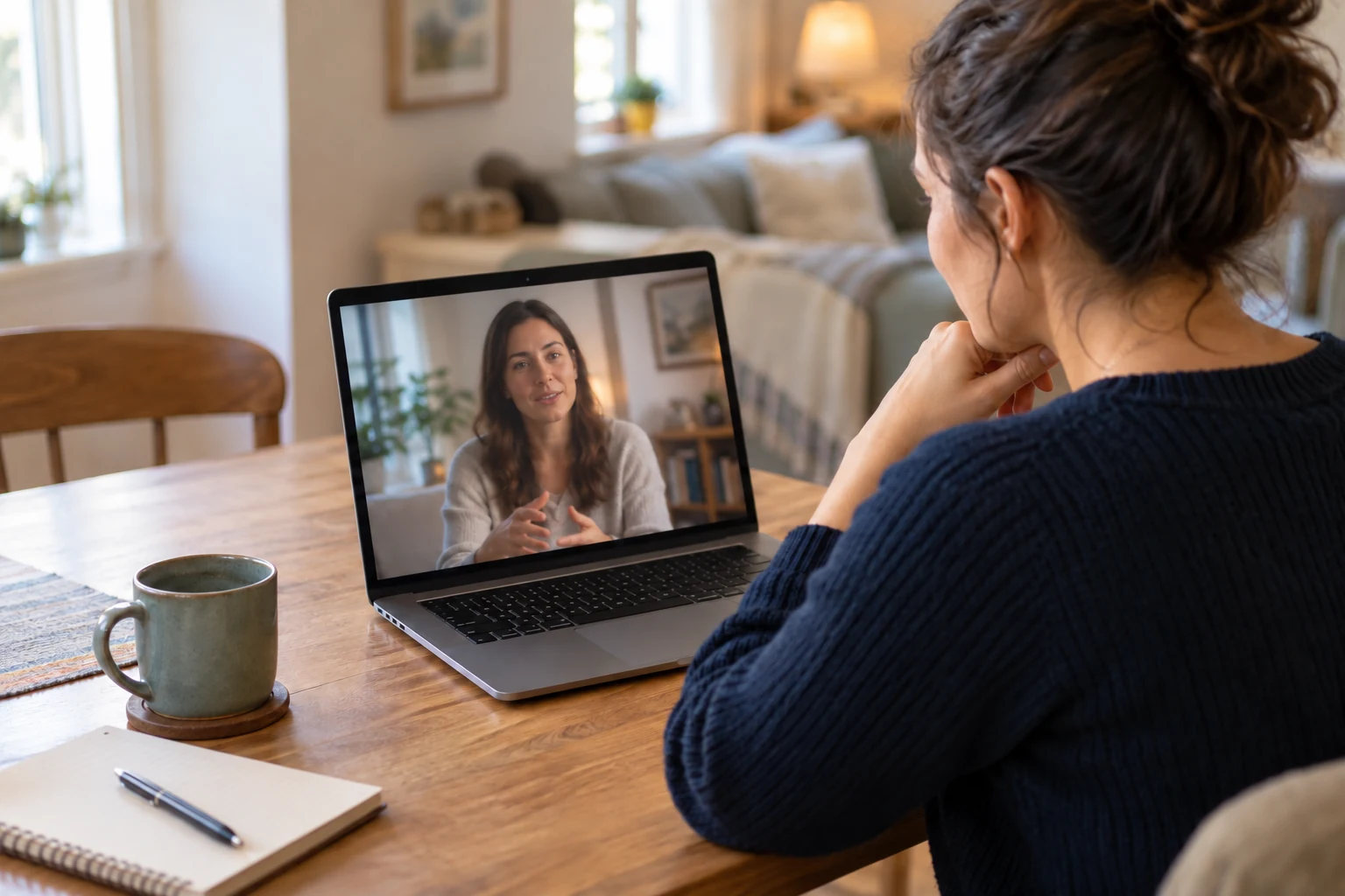 Illustrative scene of a supportive video conversation from home.