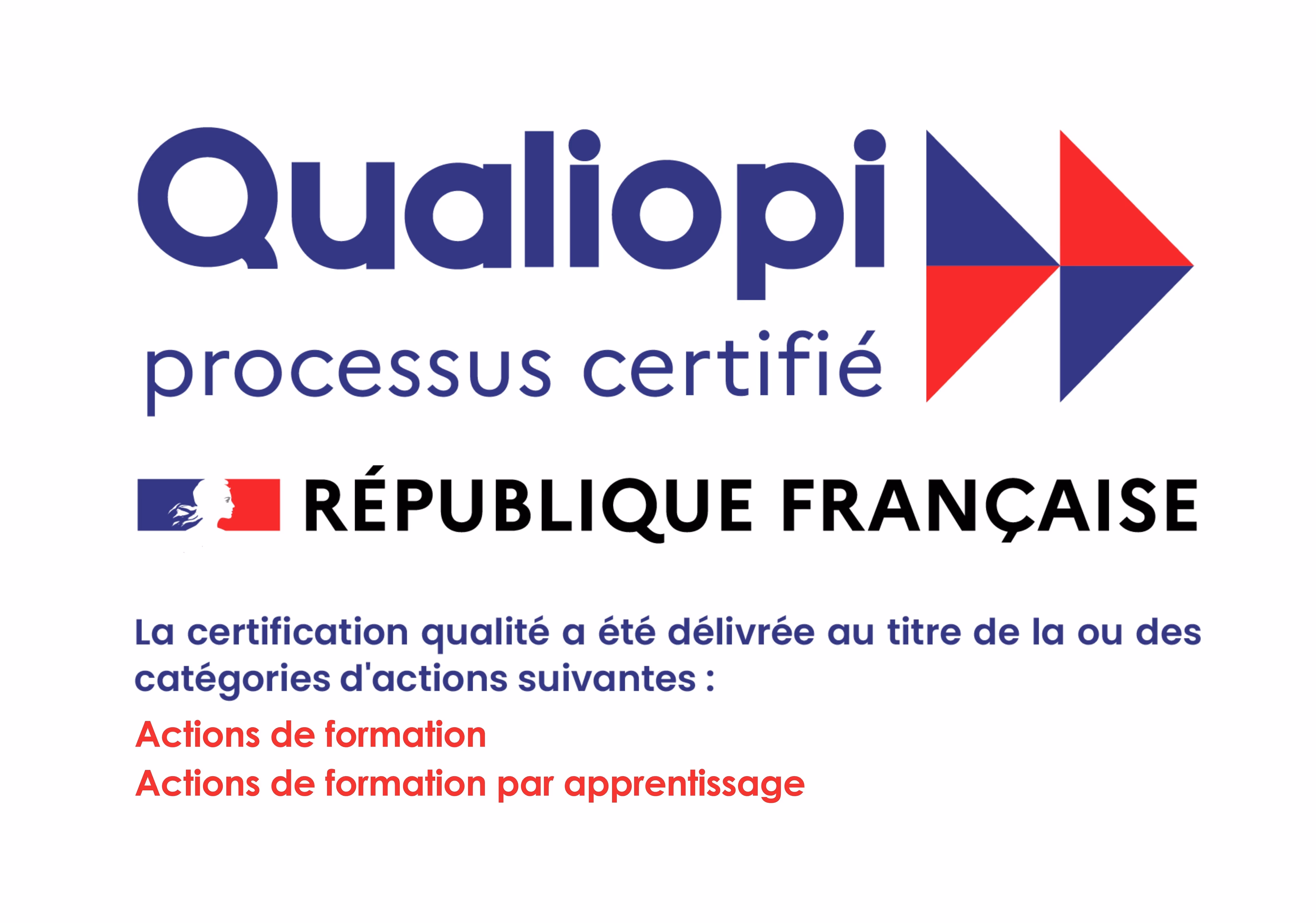 Logo Qualiopi avec texte indiquant un processus certifié par la République Française pour les actions de formation et d'apprentissage.