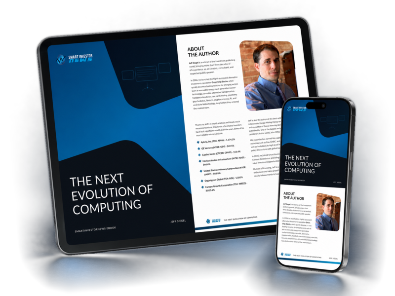 Tablet and smartphone displaying a digital report titled 'The Next Evolution of Computing' with an author bio and photo of a man in a blue shirt and tie.