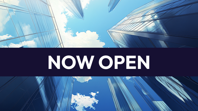 Growth Fund 2 banner reading “Now Open,” with an upward view of glass office towers