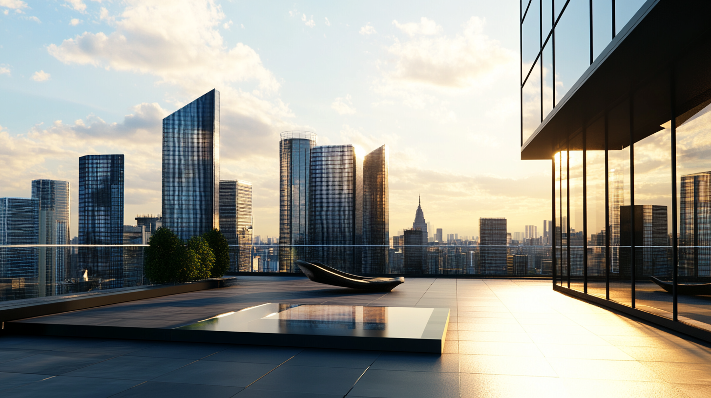 Rooftop terrace overlooking a city skyline at sunset