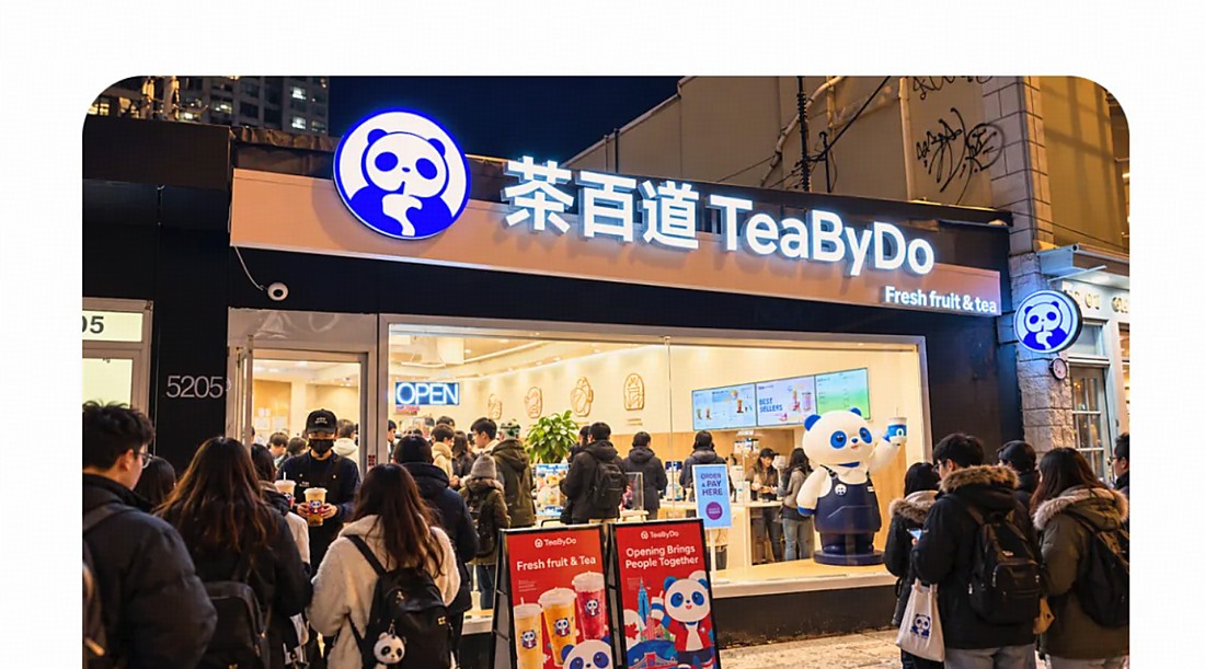 夜晚茶百道门店外排队的顾客
