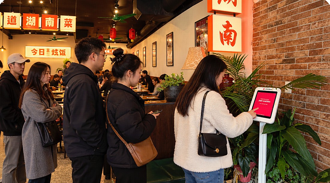 客人在湘遇店内排队，用等位屏扫码取号