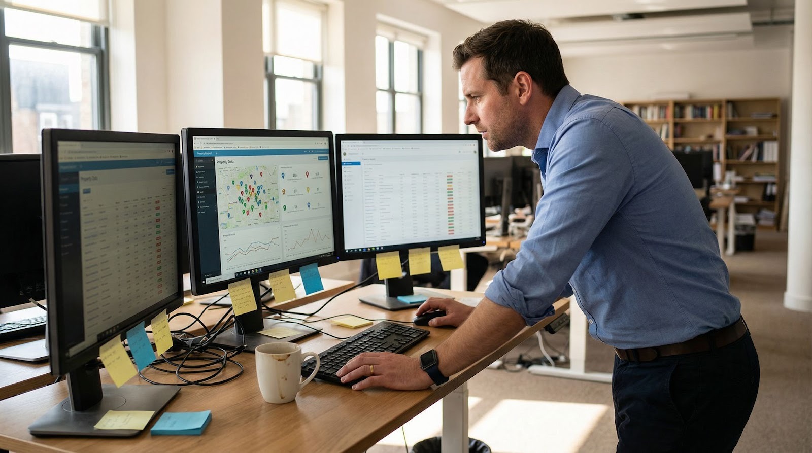 Real estate investment professional analyzing property market data on multiple monitors with charts and visualizations