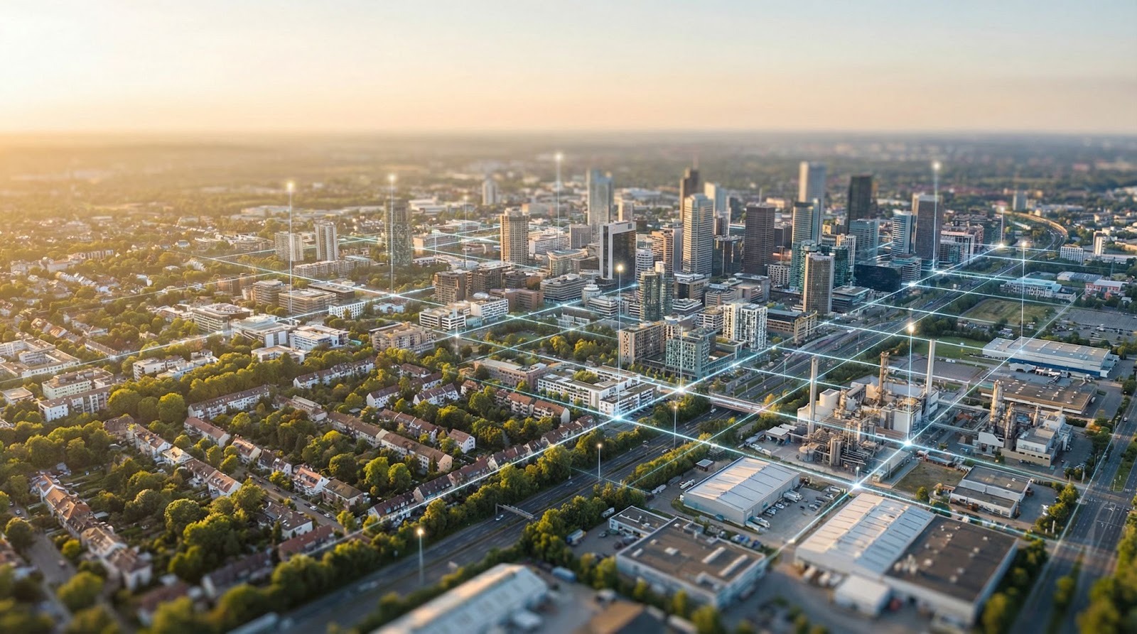 Aerial view of diverse urban properties including residential homes, commercial buildings, and industrial facilities connected by subtle digital grid overlay at golden hour