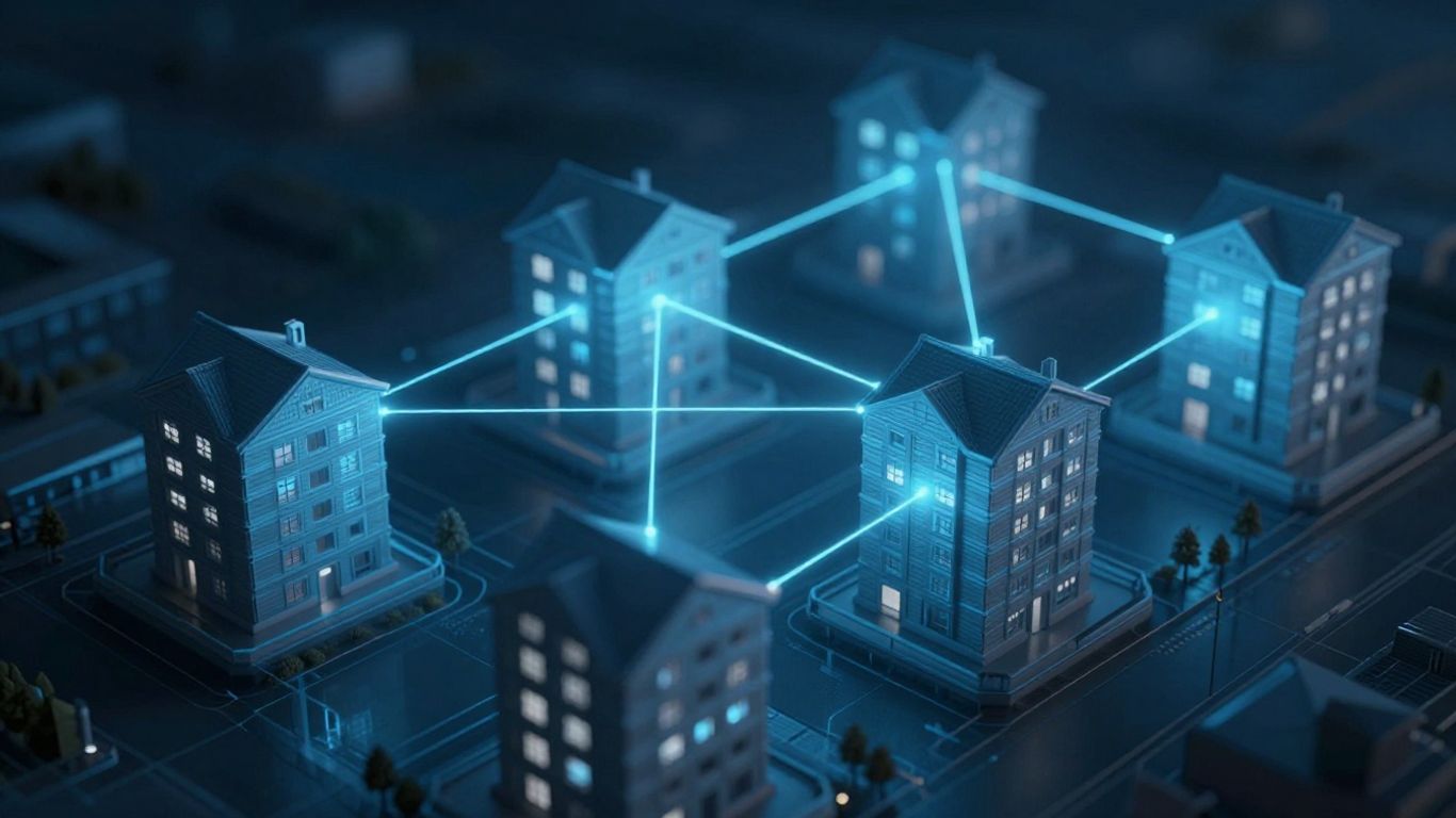 Abstract network of connected property buildings with data flow.