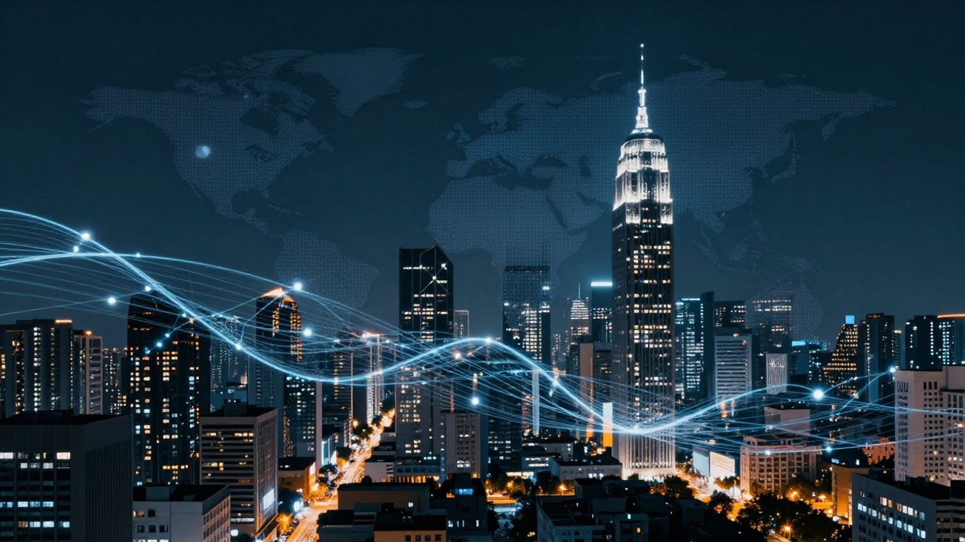 Digital connections overlaying a modern cityscape.