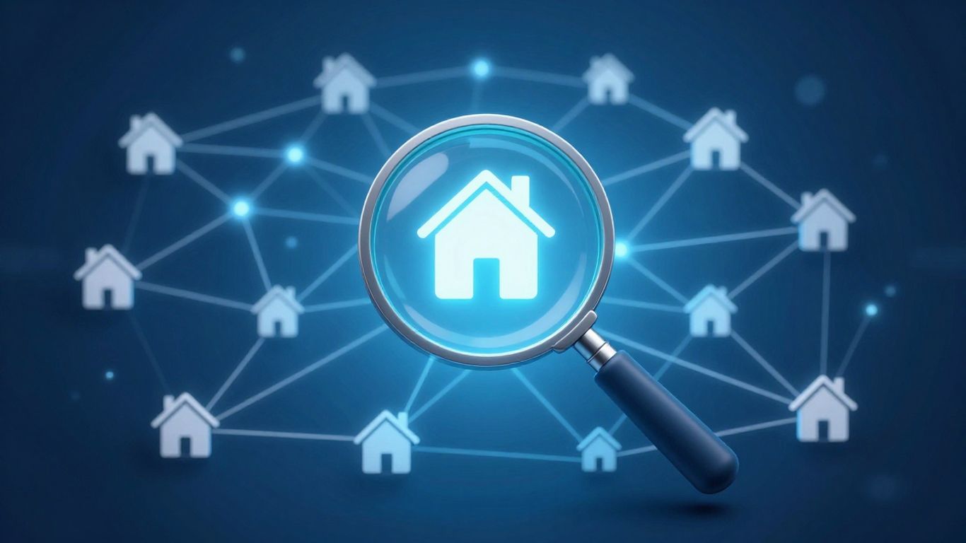 Digital network of property listings with a magnifying glass.