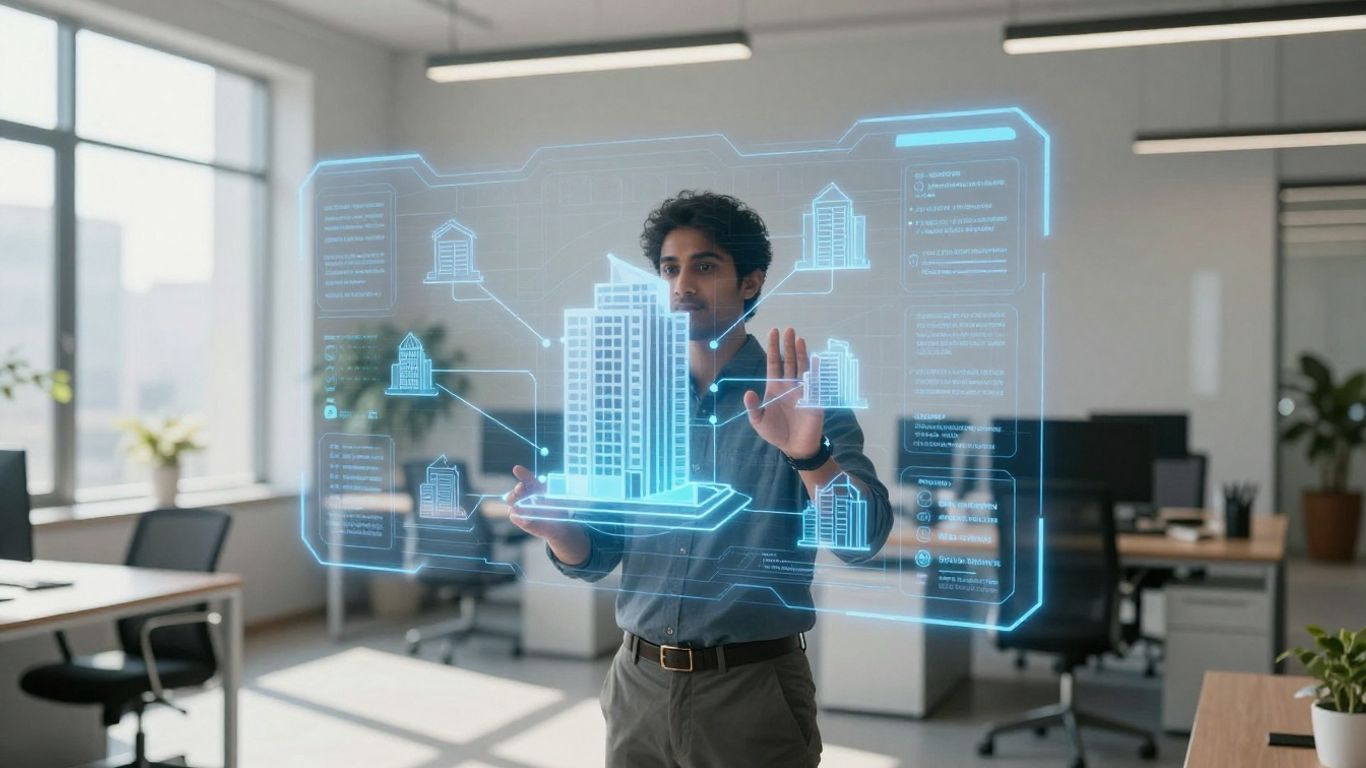 Holographic property data display in a modern office.