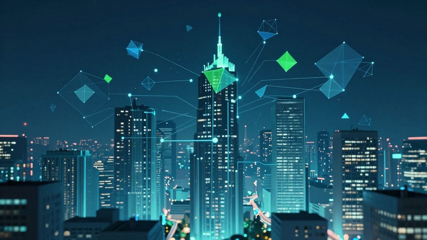 Digital cityscape with data flow lines and abstract shapes.