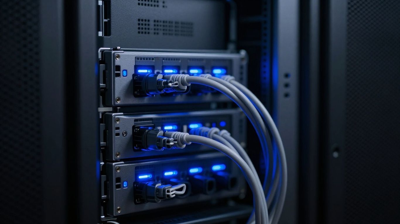 Server rack with glowing blue lights and organized cables.