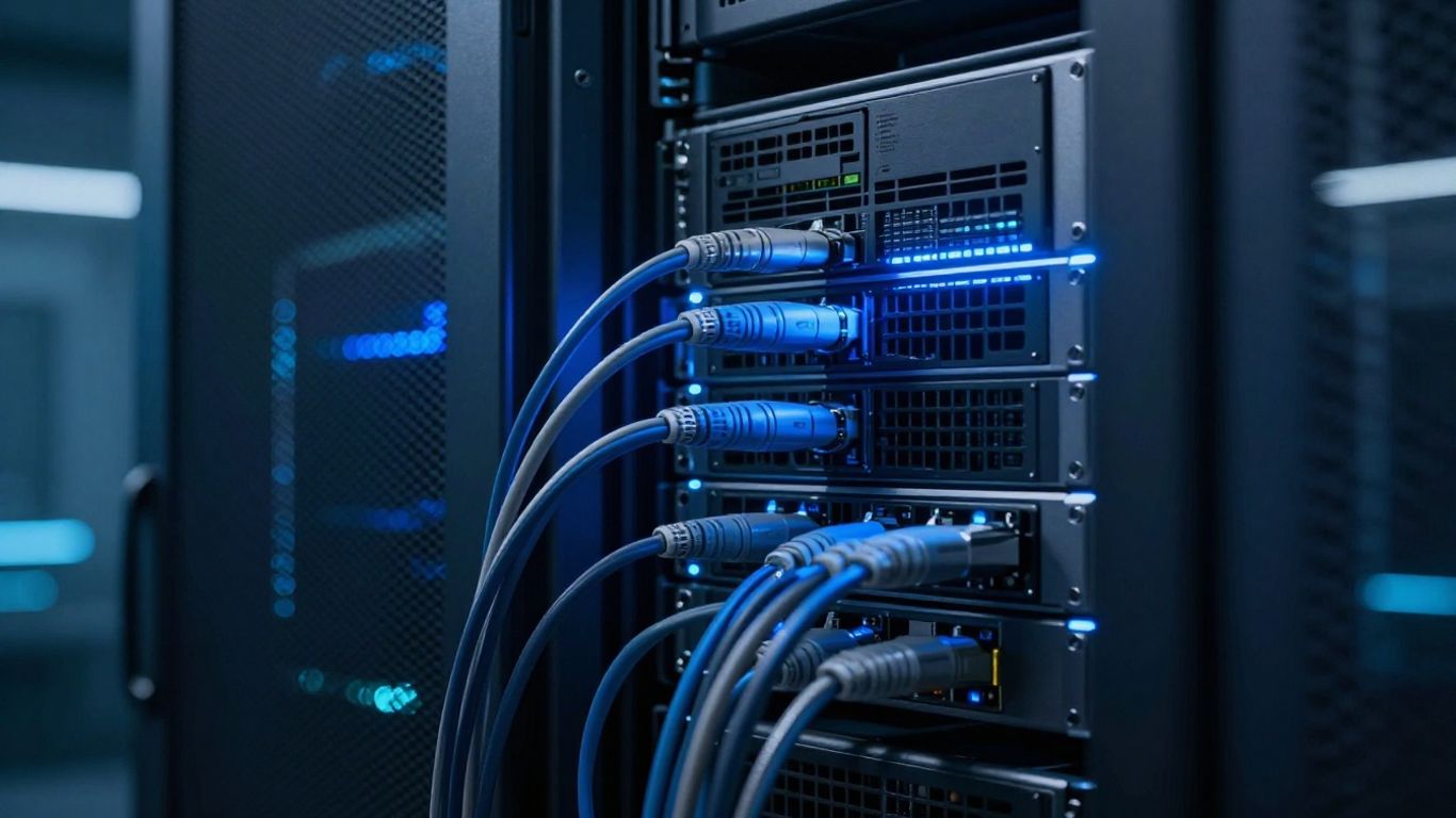 Server rack with glowing lights and interconnected cables.