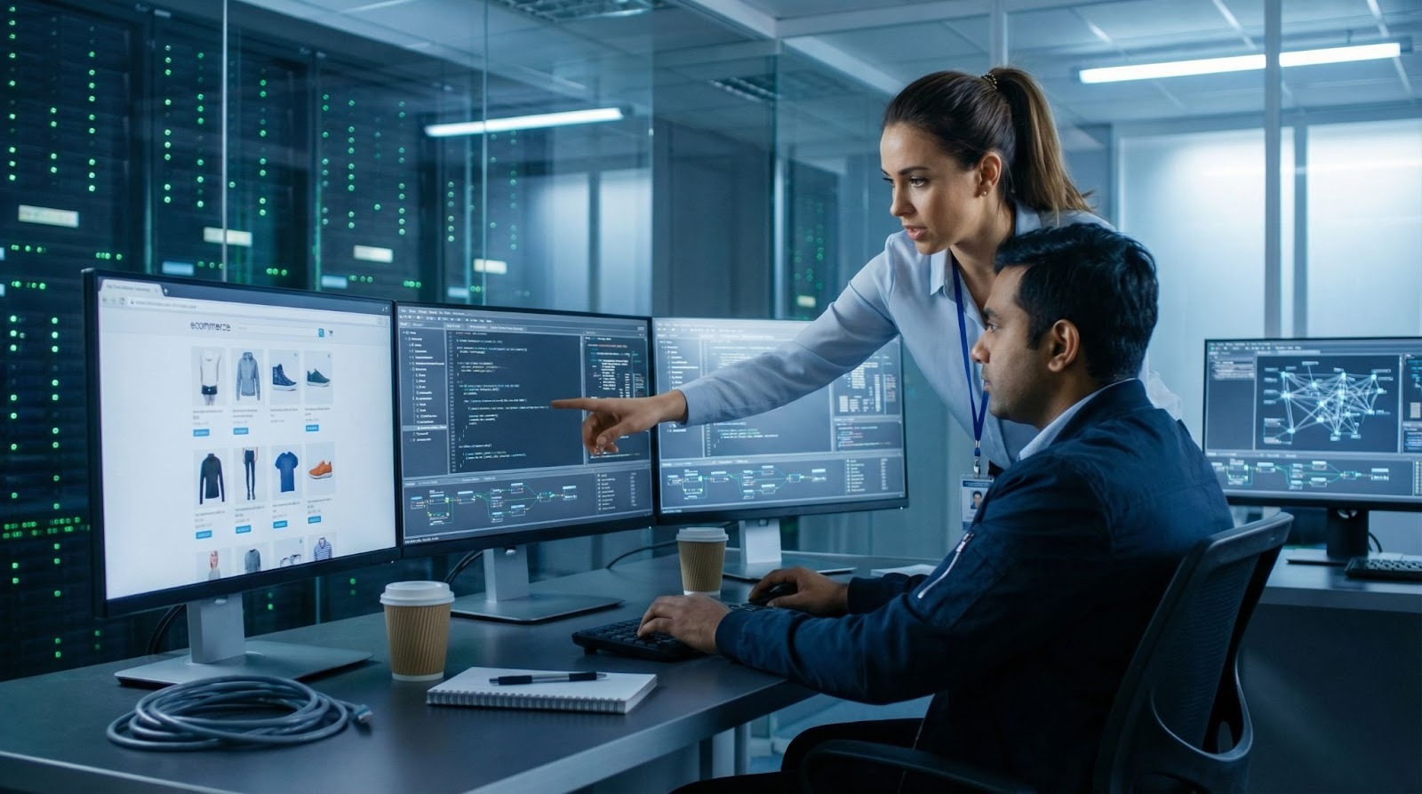 Data professionals reviewing ecommerce product data streams on multiple monitors in a modern control room environment