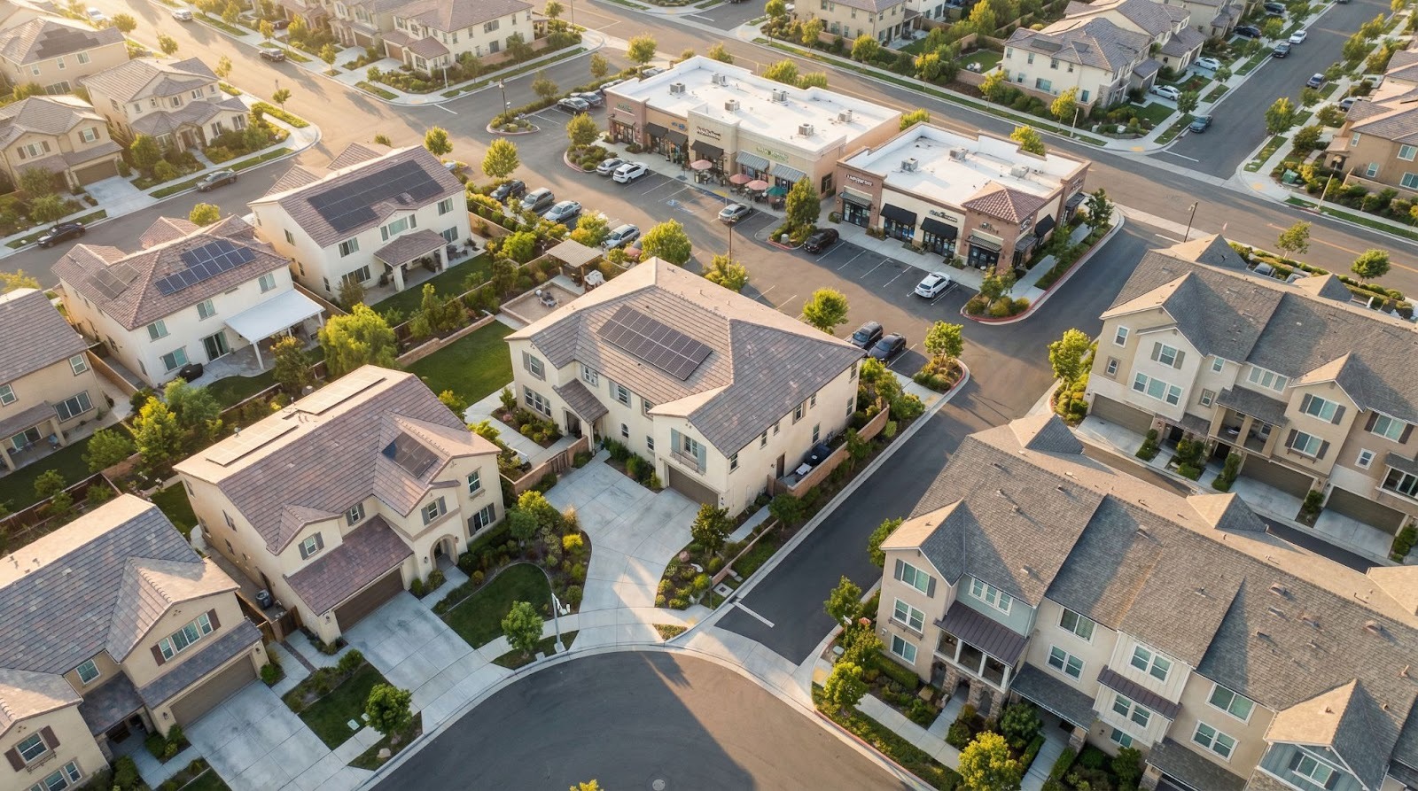 Aerial view of American neighborhood showing residential and commercial properties at sunset