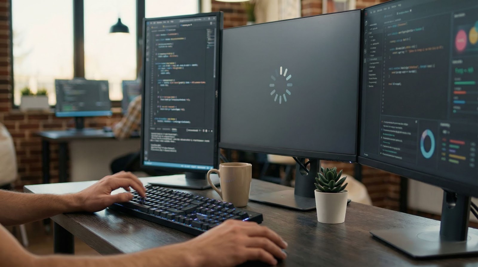 Software developer working with API integration on multiple monitors in modern office
