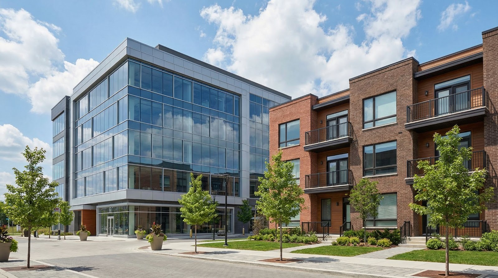 Mixed-use development showing commercial office building and residential townhouses