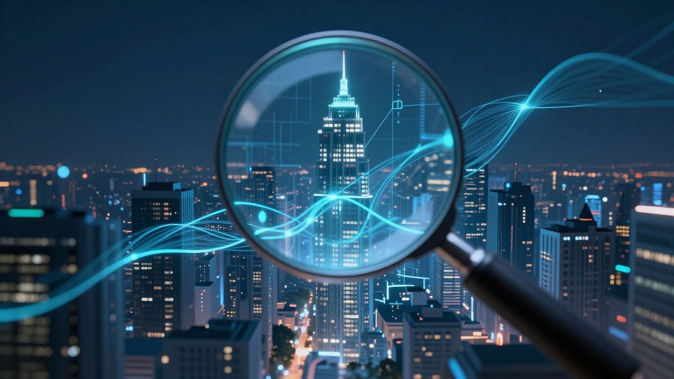 Cityscape with data streams, magnifying glass, and risk indicators.