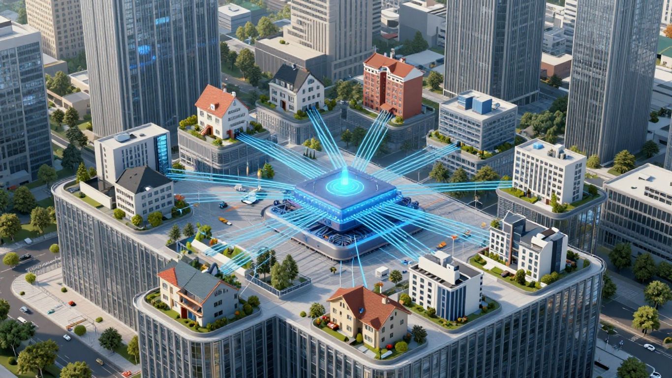 Data streams connecting various property types to a central hub.