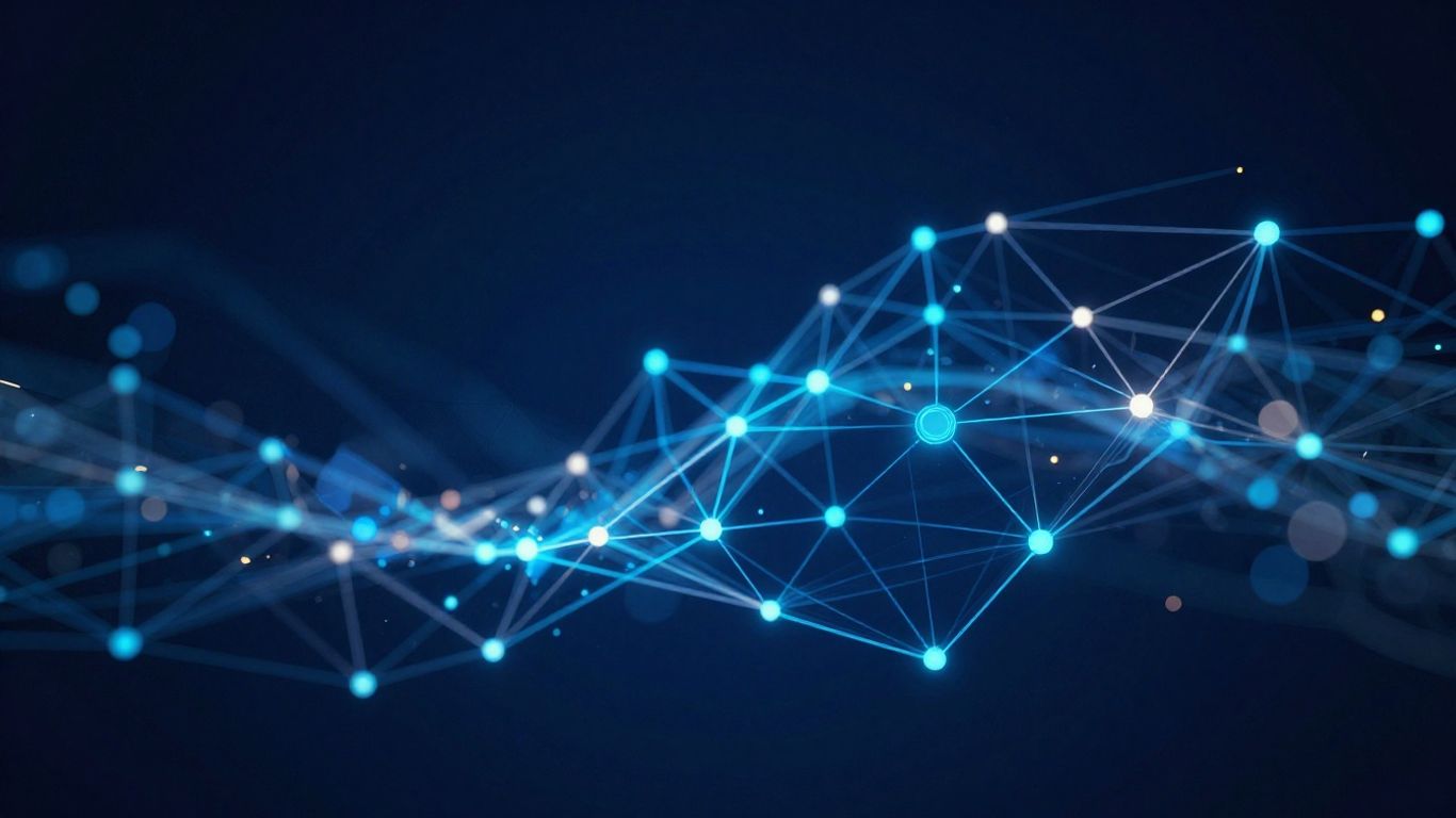 Digital network with interconnected nodes and flowing data streams.