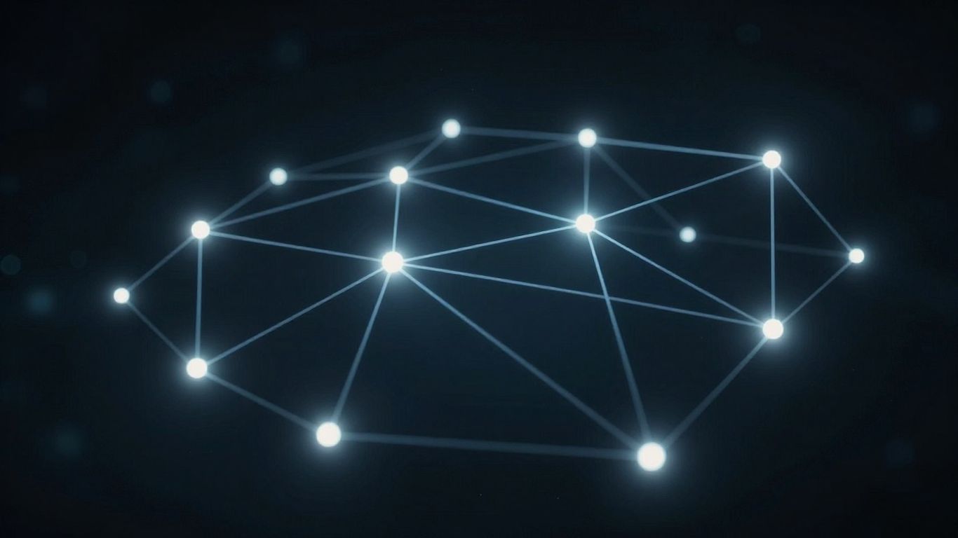 Interconnected digital nodes and data flow visualization.