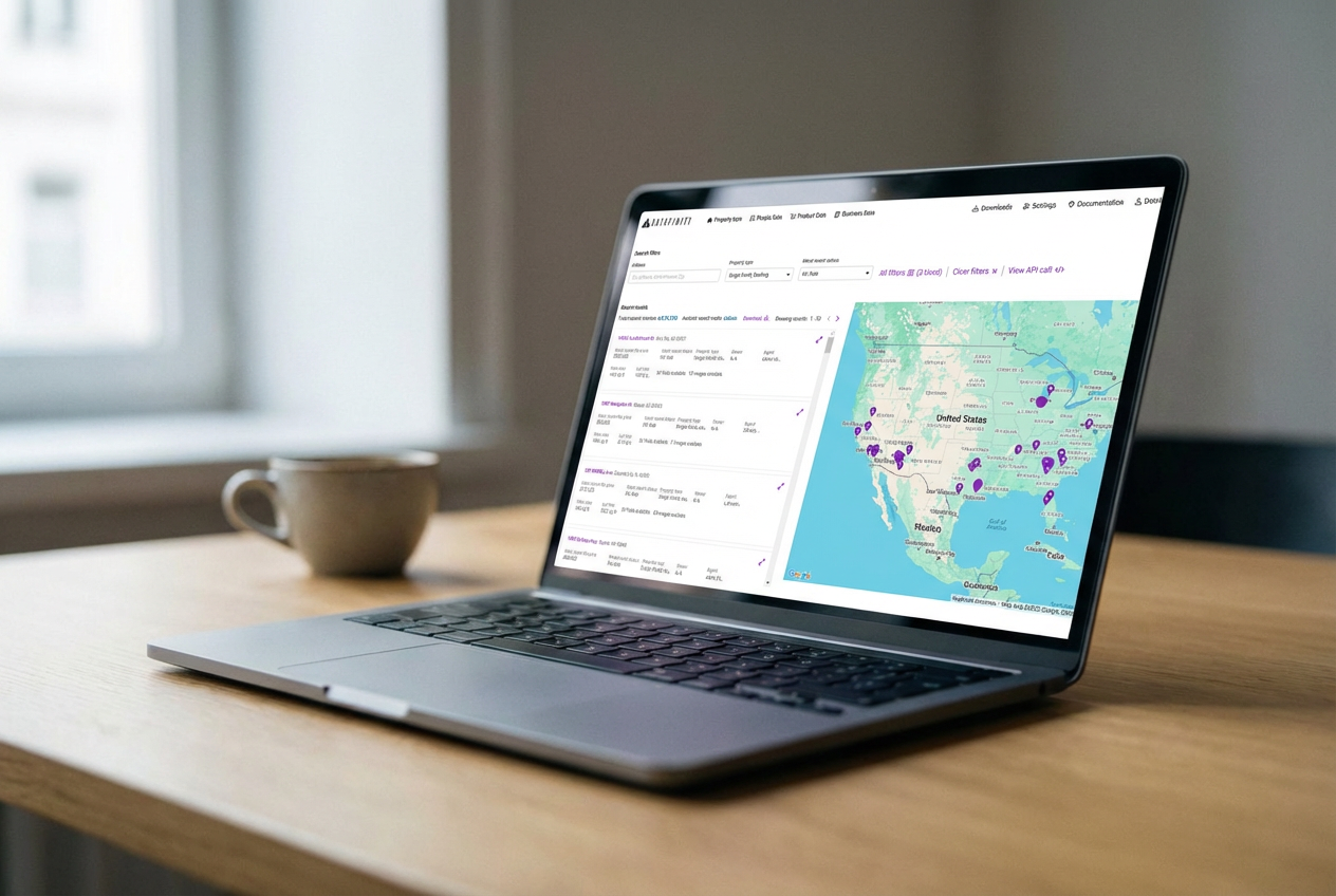 Modern laptop displaying property data visualization dashboard on wooden desk in professional office setting