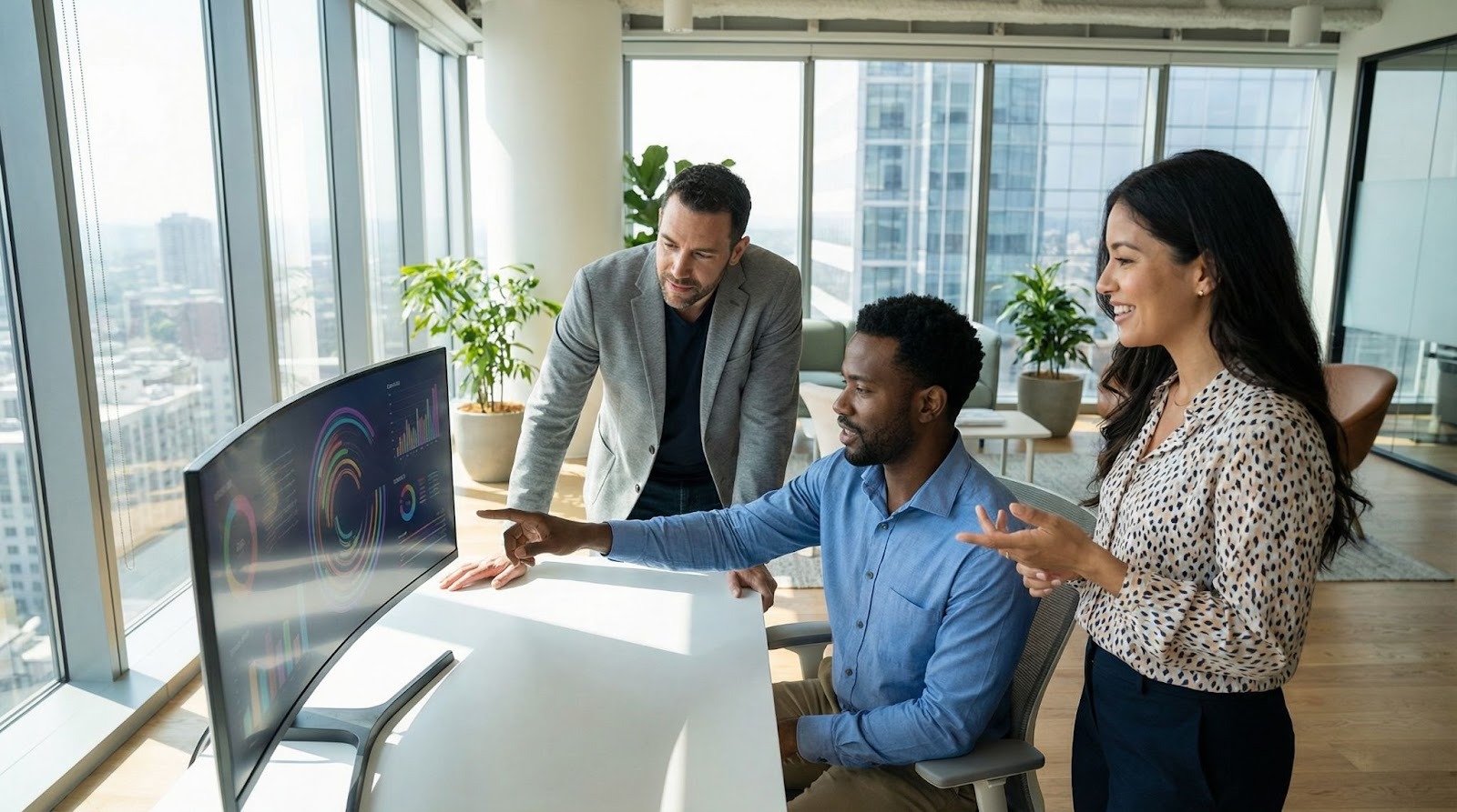 Diverse professional team collaborating around monitor displaying property data visualization in modern office