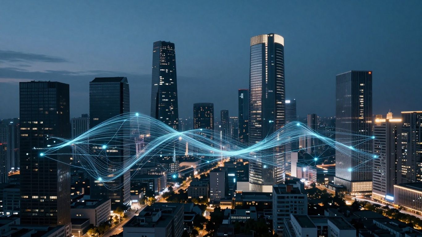 Digital cityscape with data streams connecting properties.