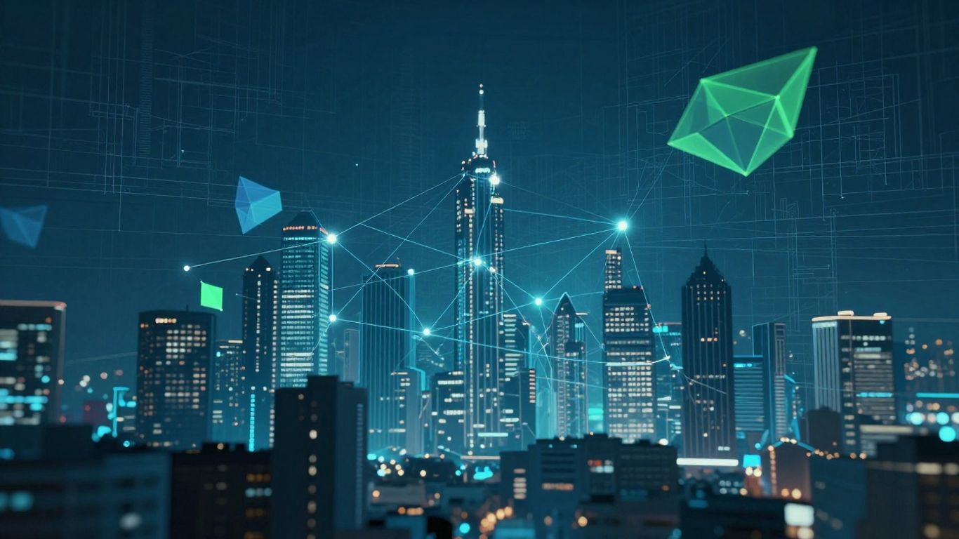 Digital cityscape with data connections and architectural elements.