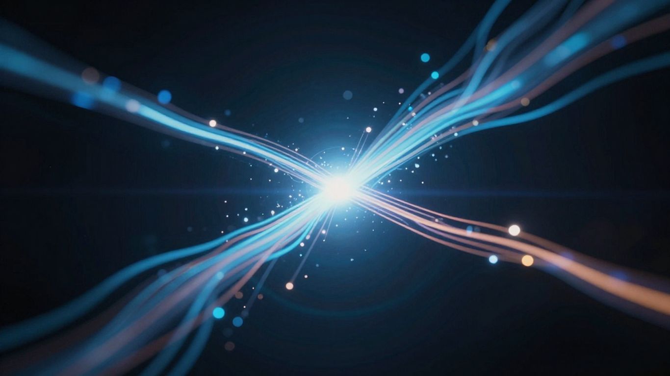 Interconnected digital streams flowing into a central core.