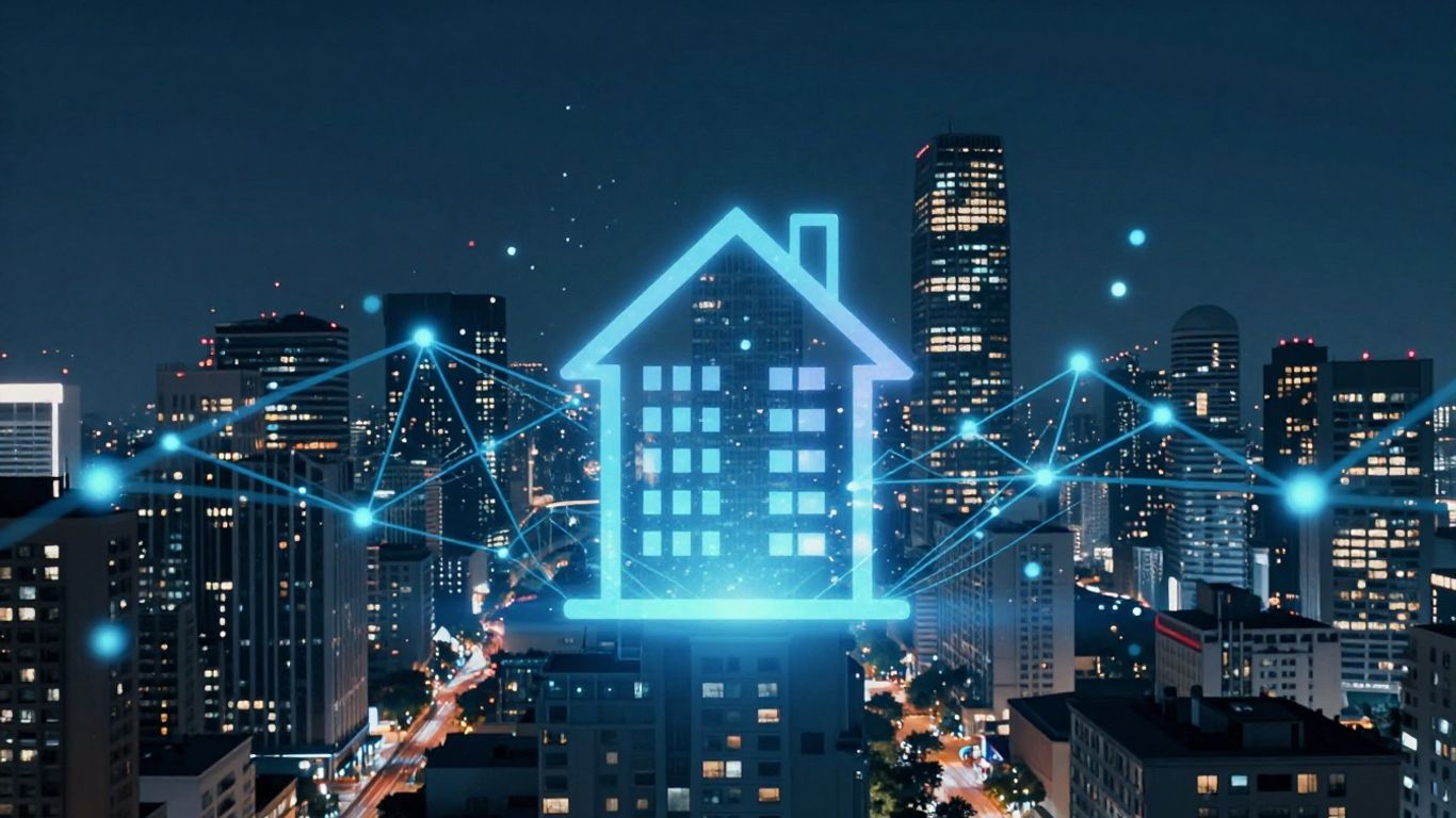 Cityscape with digital connections and building icon.