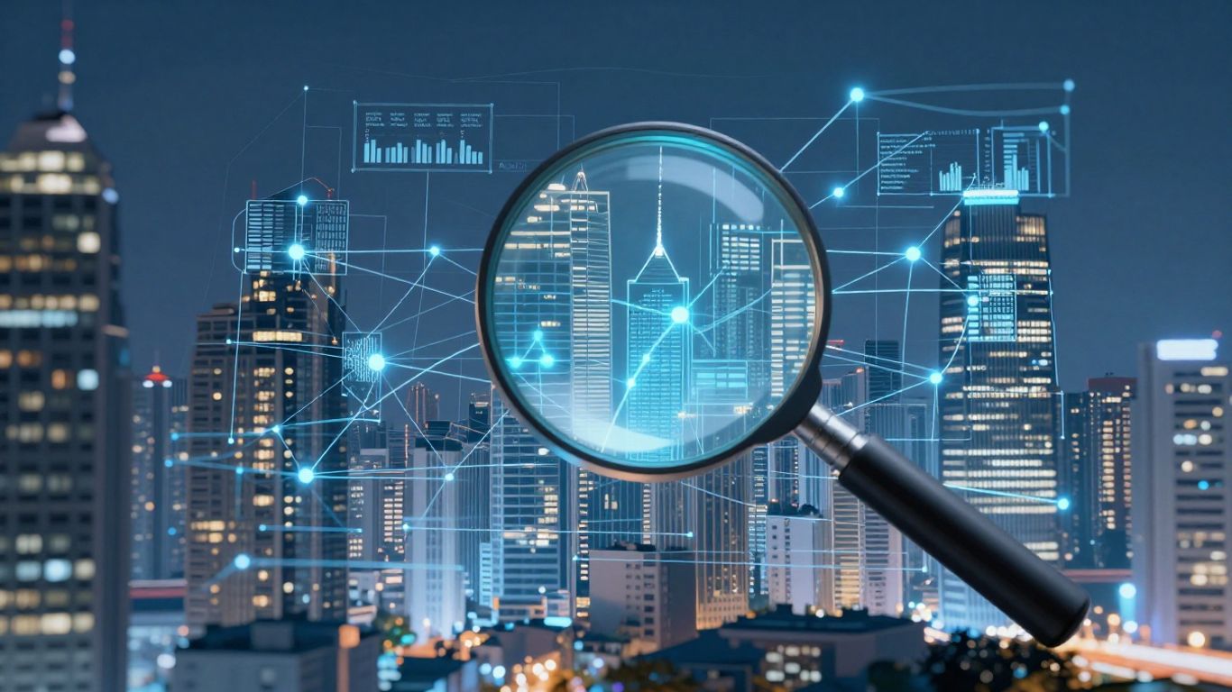 Real estate data visualization with cityscape and magnifying glass.