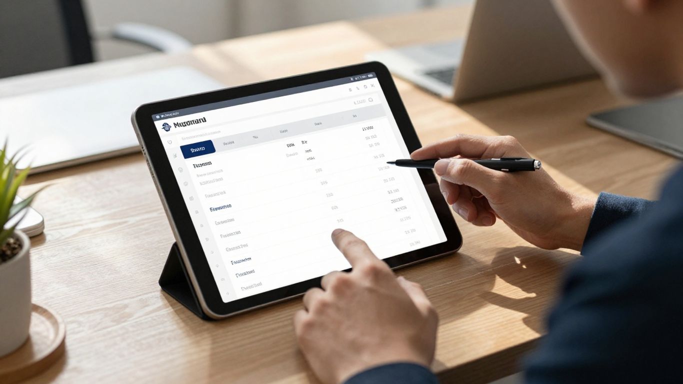 Real estate professional using a tablet with property data.
