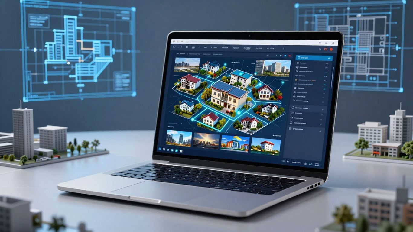 Real estate professional using a property database API on a laptop.
