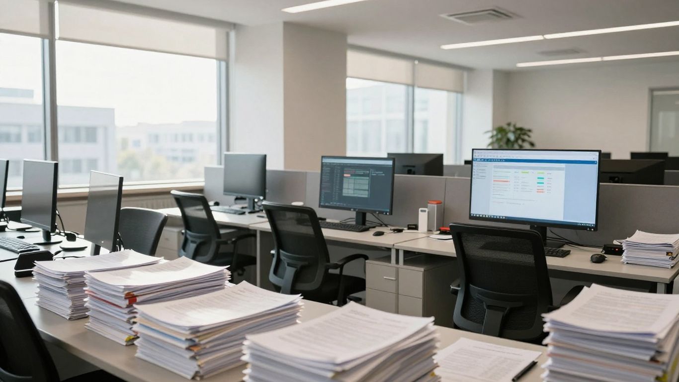 Modern office with computers and documents.