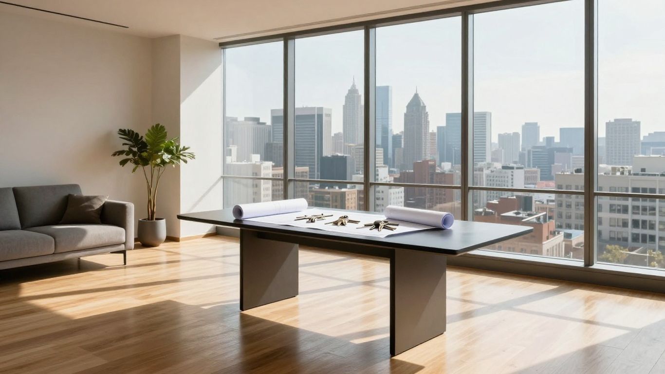 Keys and blueprint on a table in a modern living room.