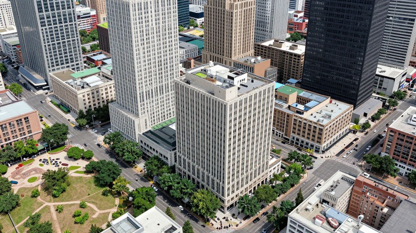 Cityscape with diverse buildings and infrastructure for site selection.