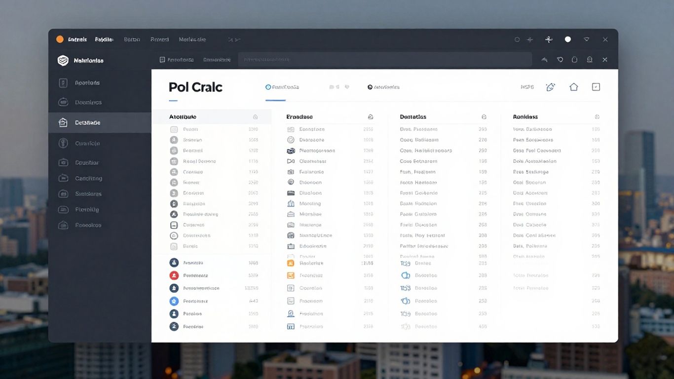 Property sales database interface with cityscape background.